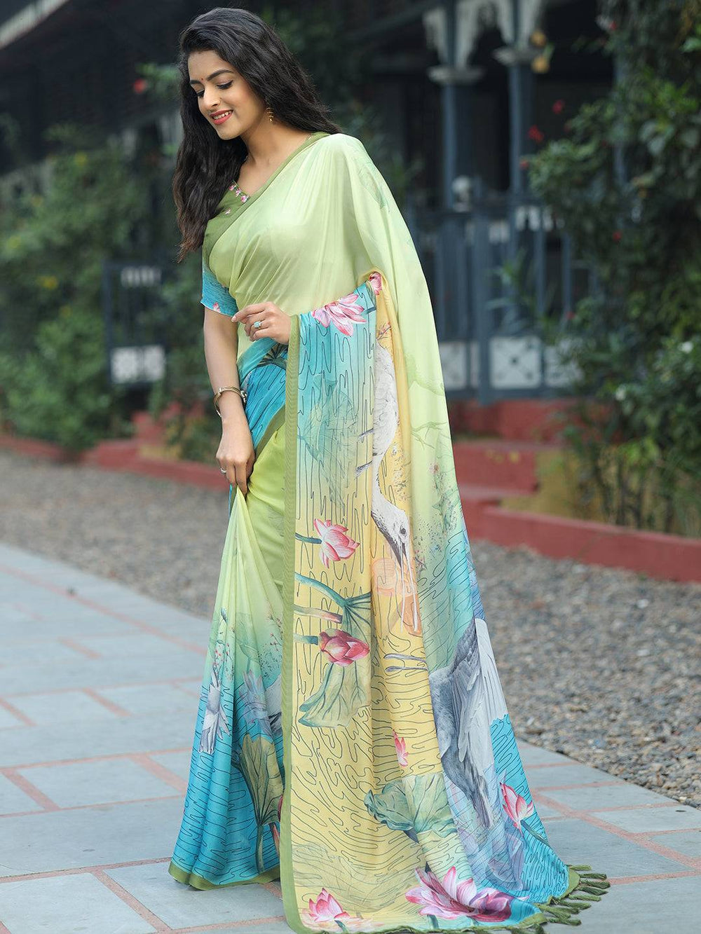 Pastel Green Soft Georgette Saree with Lotus & Crane Digital Print