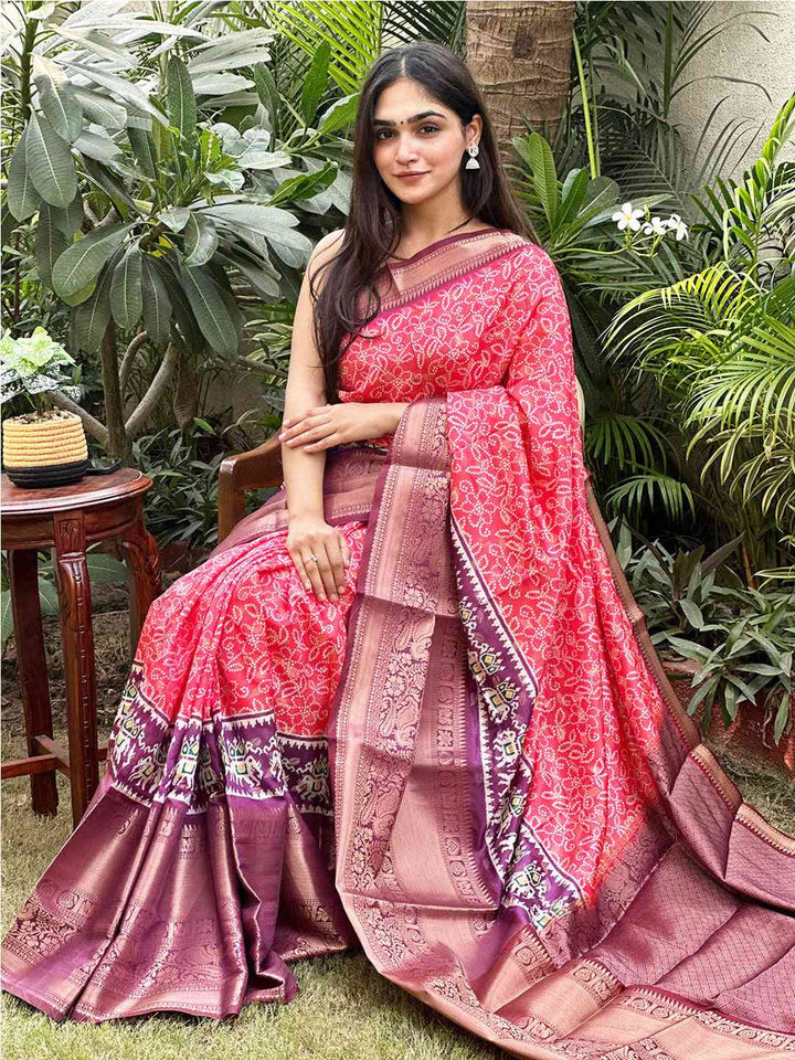 Red Patola Print Silk Saree with Maroon Zari Border & Traditional Motif Pallu