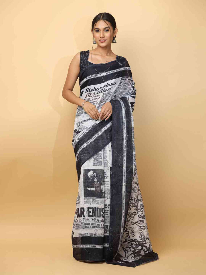 Black & White Newspaper Print Saree in Soft Georgette