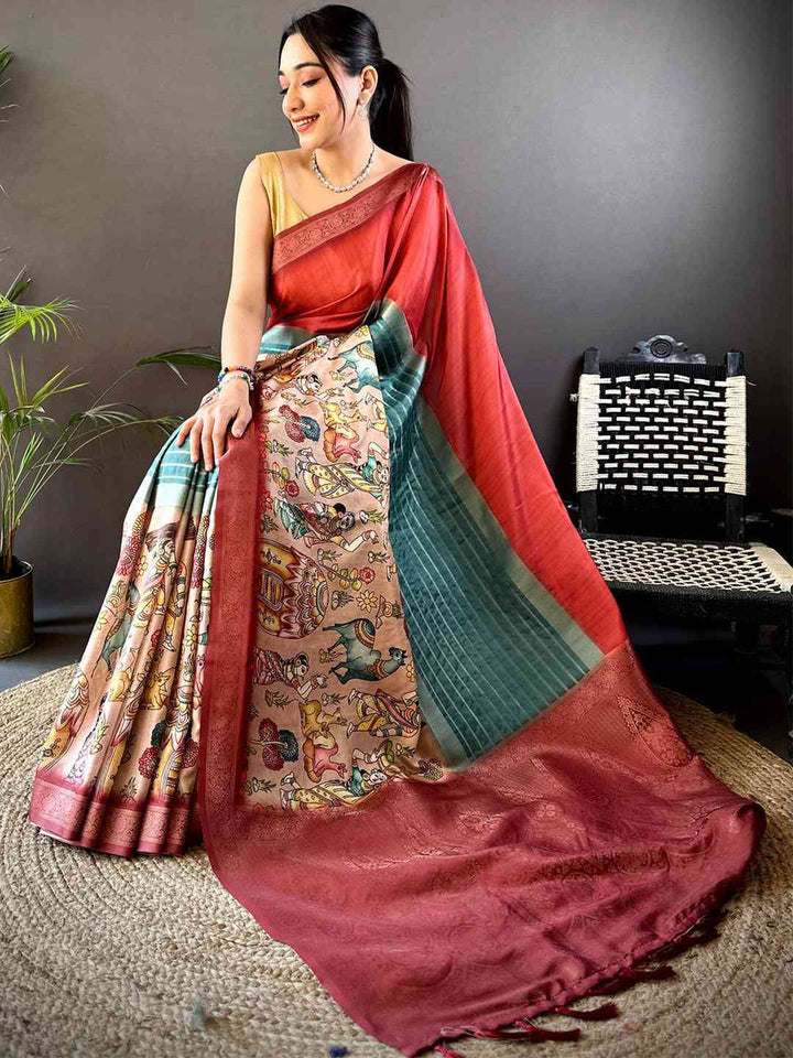 Red & Teal Soft Silk Saree with Kalamkari Print & Woven Border