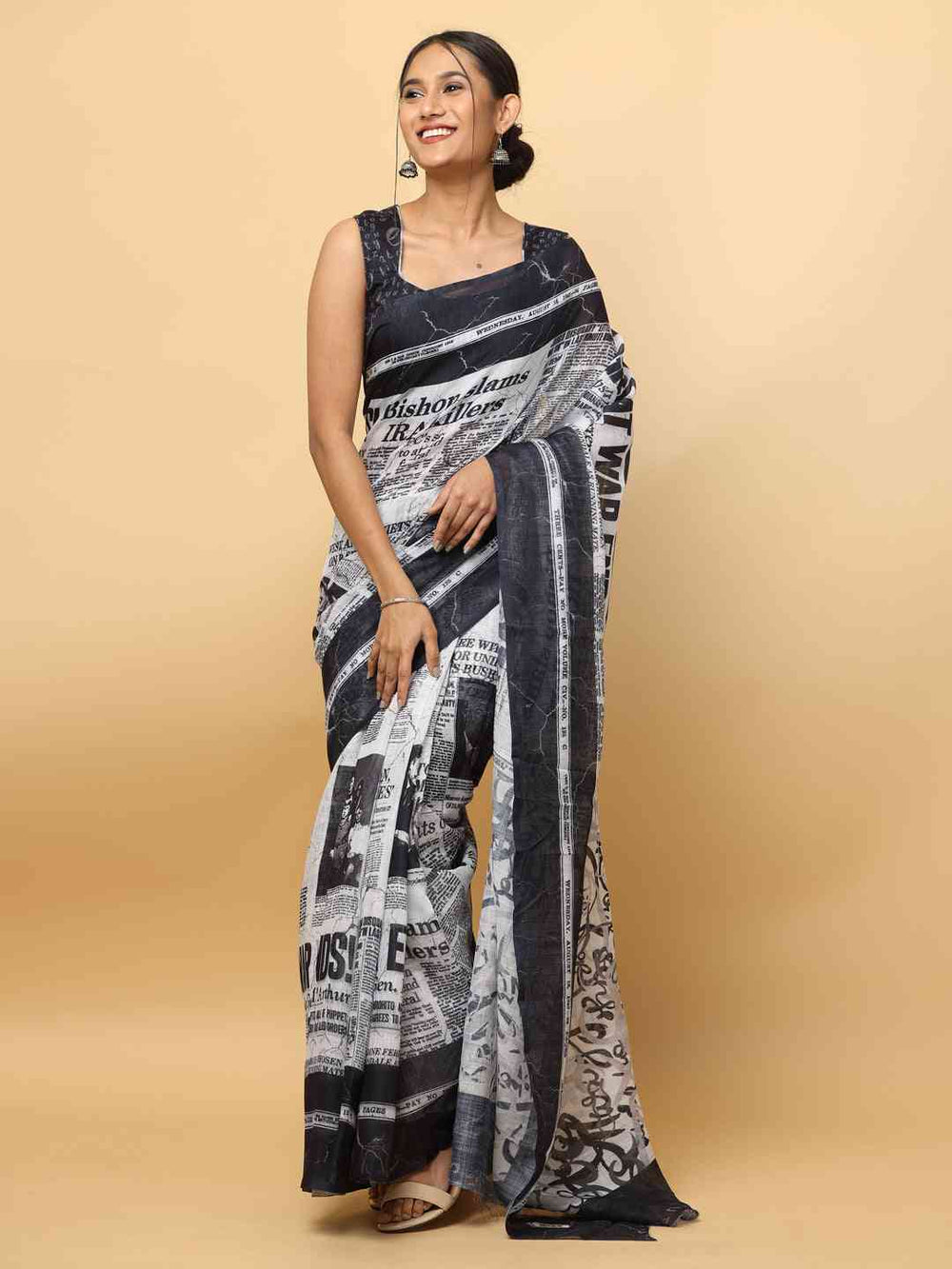 Black & White Newspaper Print Saree in Soft Georgette