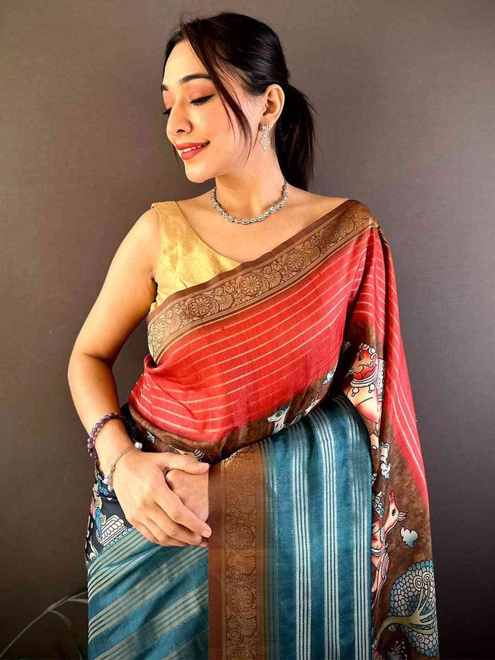 Red & Teal Soft Silk Saree with Kalamkari Print & Woven Border