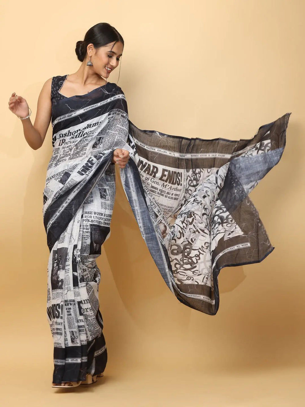 Black & White Newspaper Print Saree in Soft Georgette