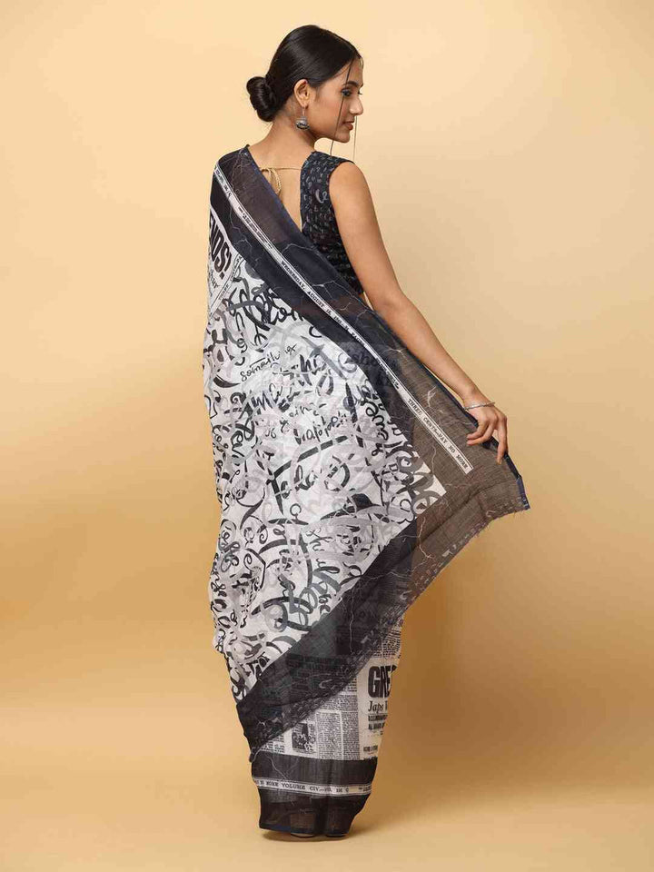 Black & White Newspaper Print Saree in Soft Georgette