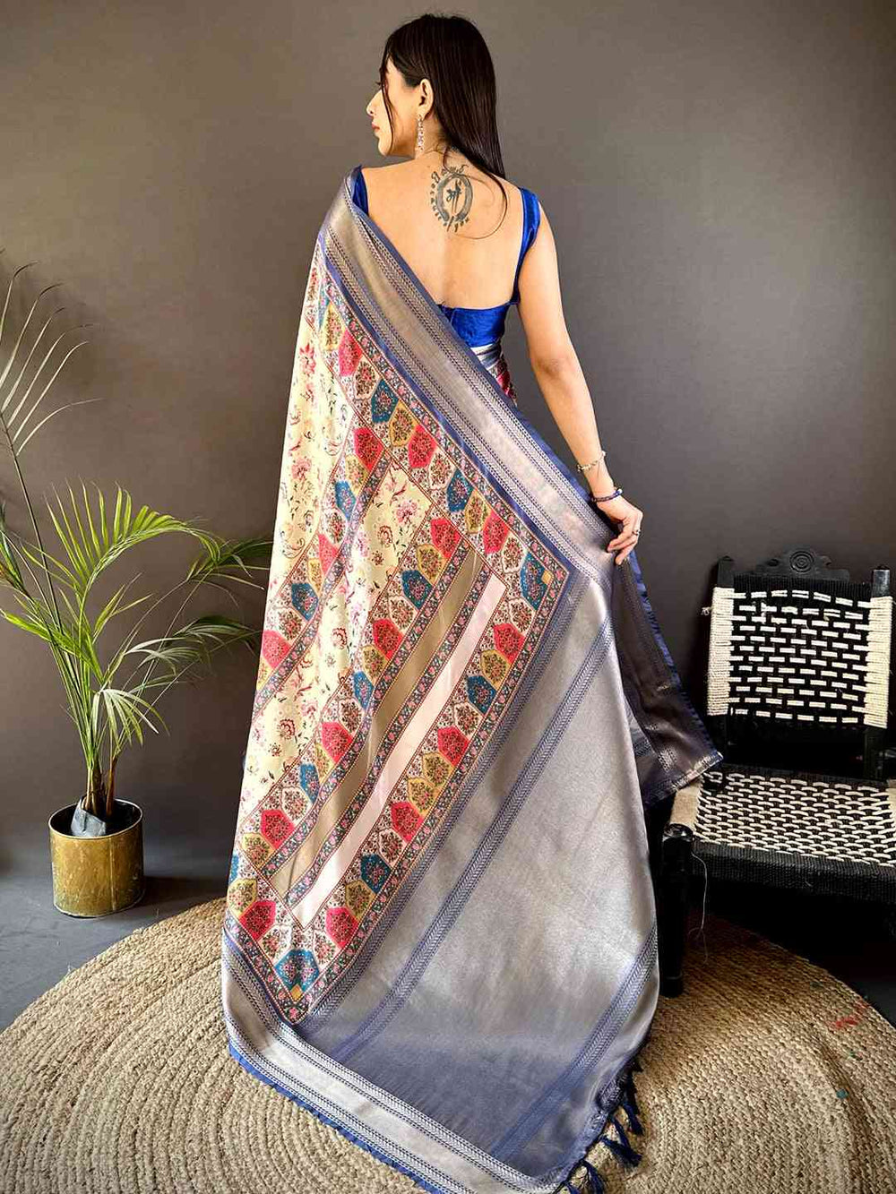 Grey Soft Silk Saree with Multicolor Patola Style Print & Woven Border