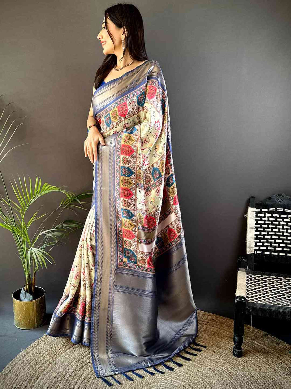 Grey Soft Silk Saree with Multicolor Patola Style Print & Woven Border