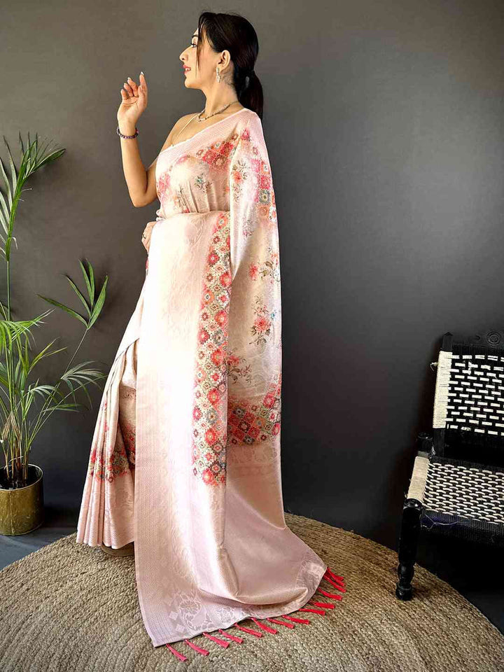 Pastel Pink Soft Silk Saree with Floral Meena Weaving & Zari Pallu
