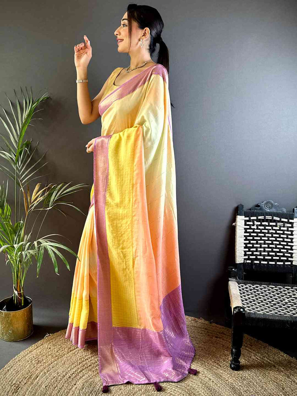 Pastel Yellow–Peach Soft Silk Saree with Lavender Border