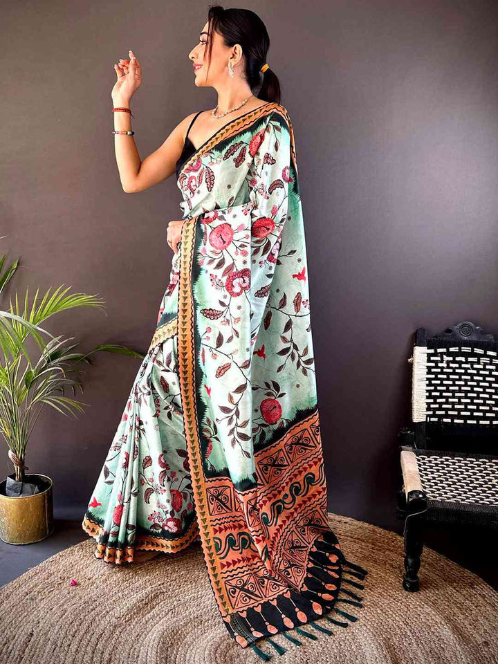 Mint Green Printed Linen Silk Saree with Tribal Border