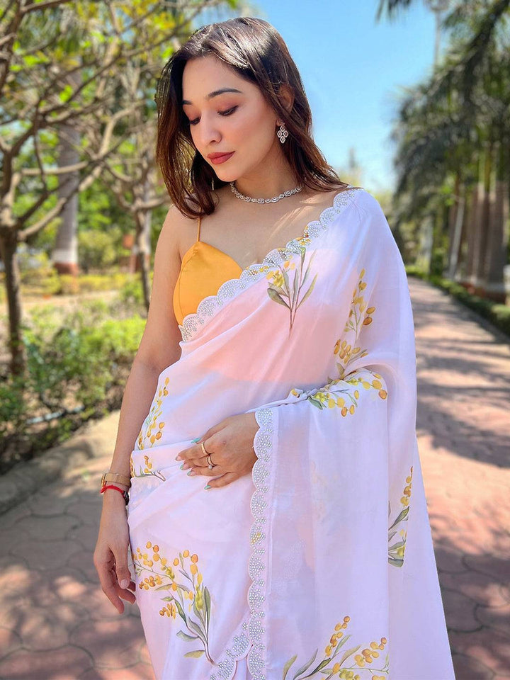 White Floral Printed Georgette Saree with Lace Border