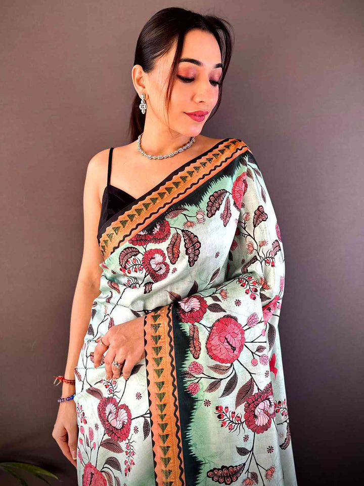Mint Green Printed Linen Silk Saree with Tribal Border