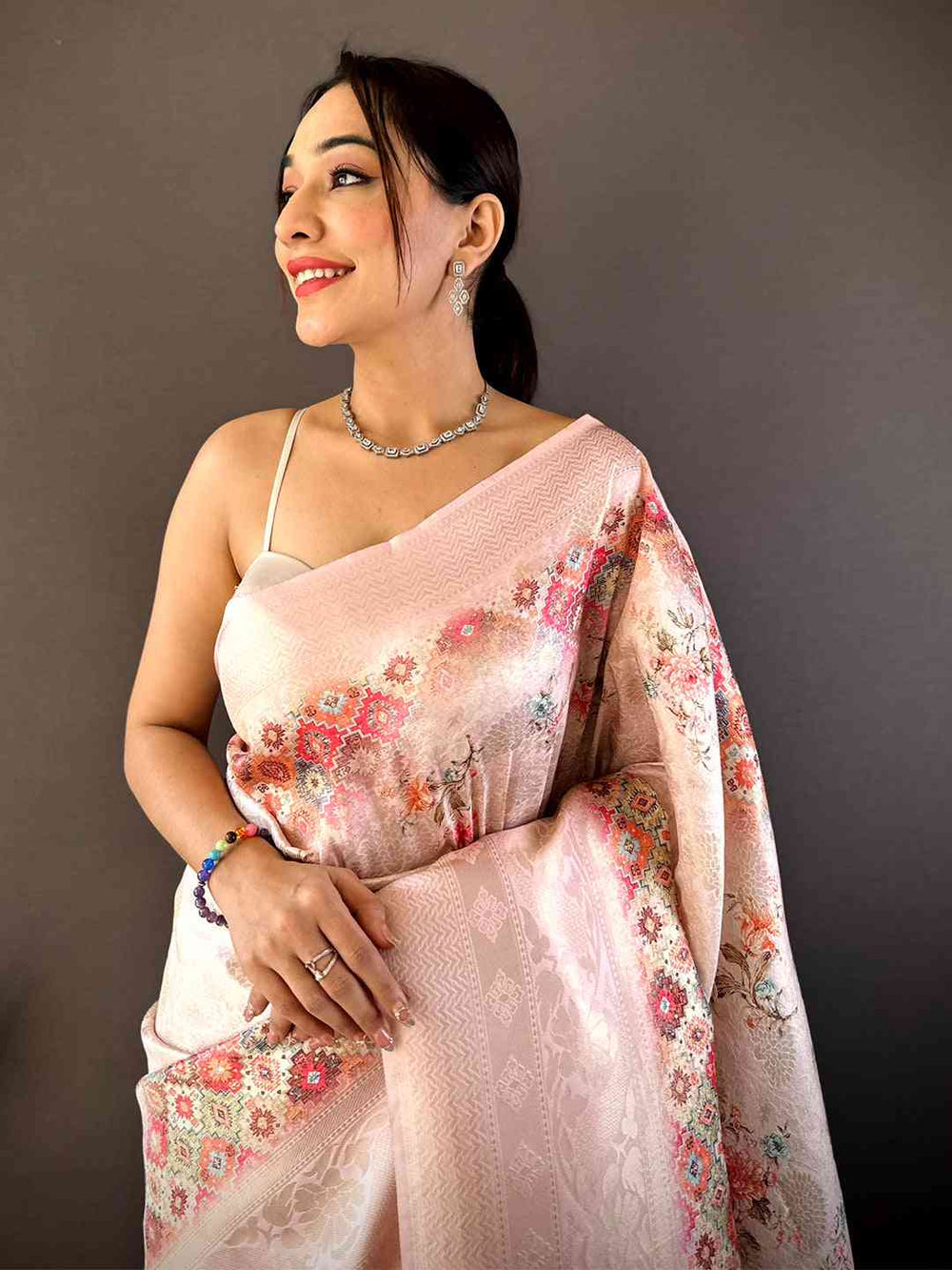 Pastel Pink Soft Silk Saree with Floral Meena Weaving & Zari Pallu