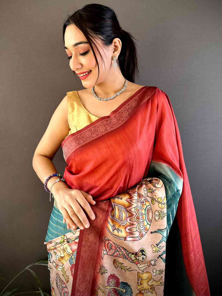 Red & Teal Soft Silk Saree with Kalamkari Print & Woven Border