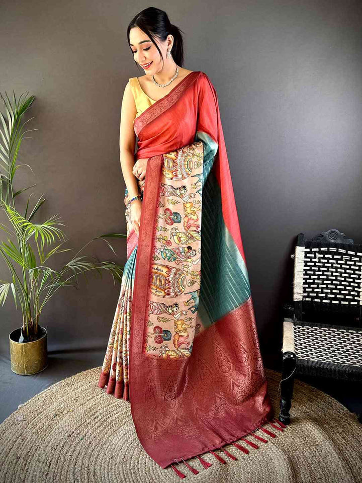 Red & Teal Soft Silk Saree with Kalamkari Print & Woven Border