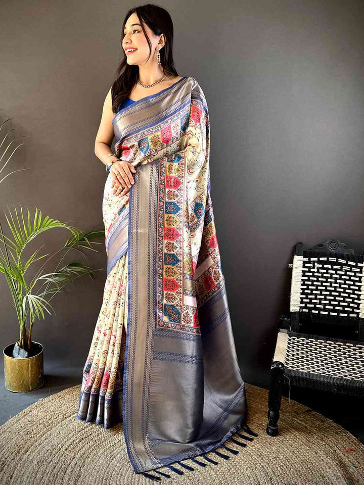 Grey Soft Silk Saree with Multicolor Patola Style Print & Woven Border