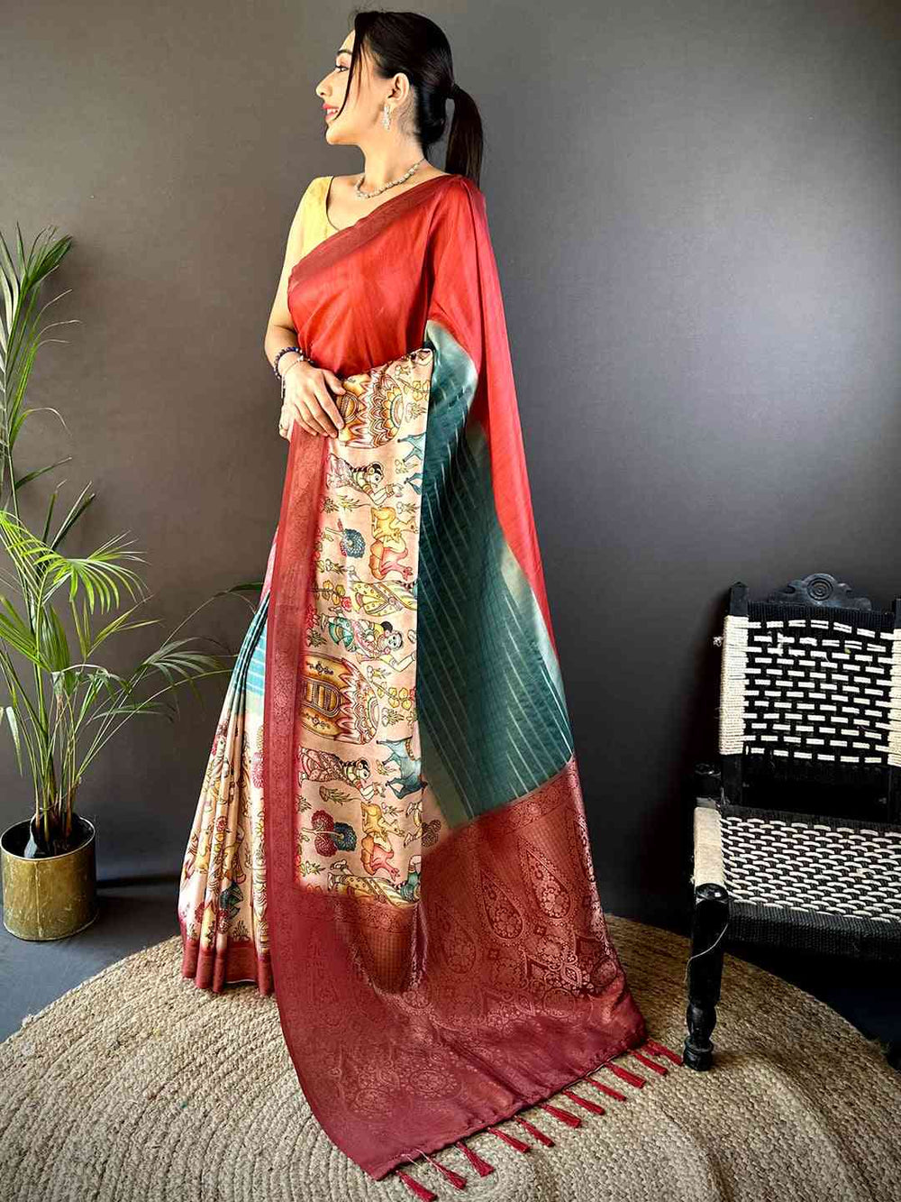 Red & Teal Soft Silk Saree with Kalamkari Print & Woven Border
