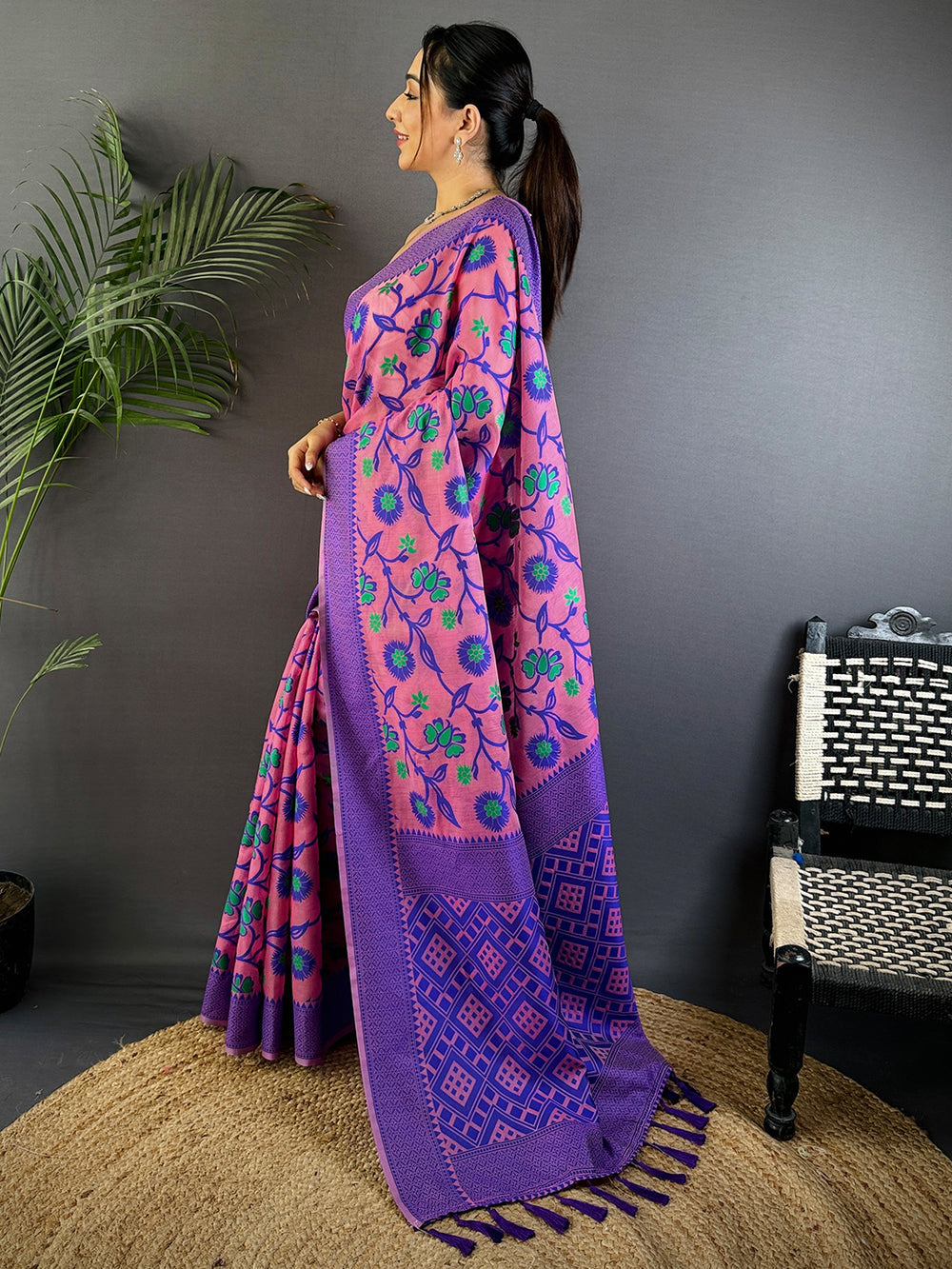 Pink & Purple Soft Cotton Saree with Floral Vine Print and Geometric Pallu
