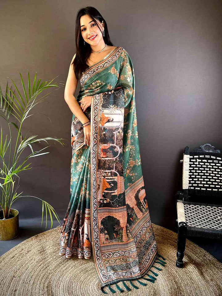 Deep Green Soft Silk Saree with Vintage Palace Print & Woven Border