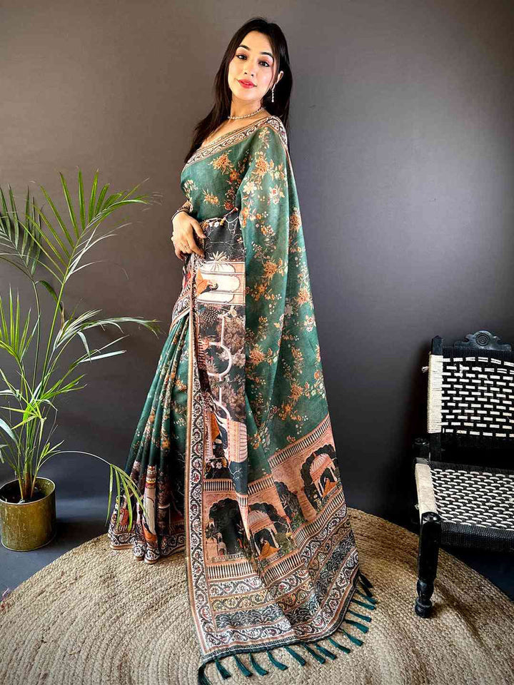 Deep Green Soft Silk Saree with Vintage Palace Print & Woven Border