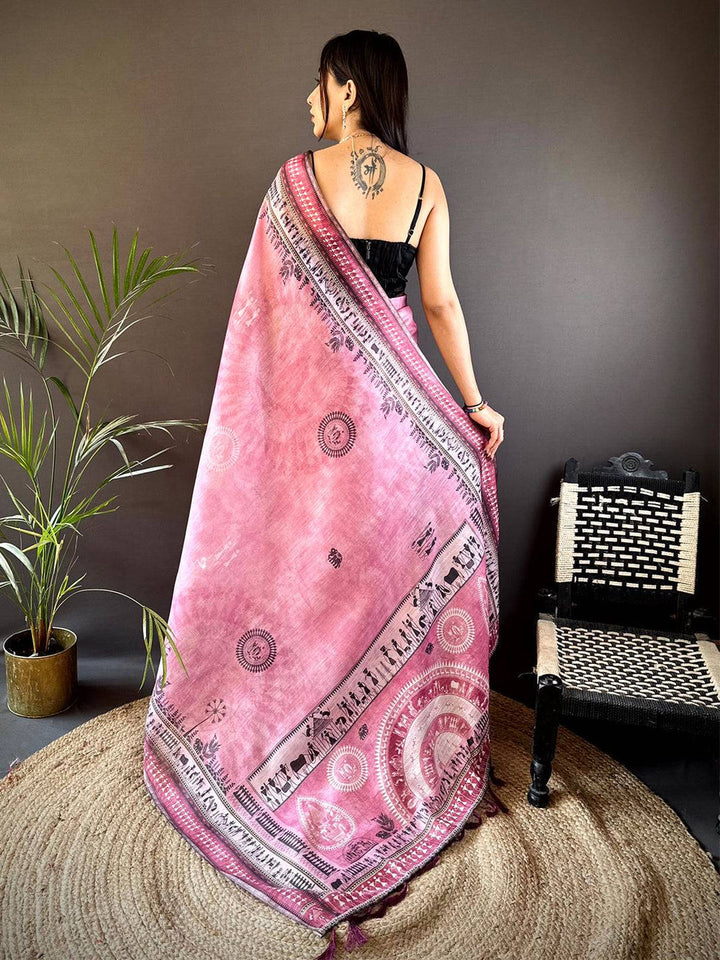 Pink Soft Silk Saree with Warli Tribal Print & Contrast Tassel Pallu