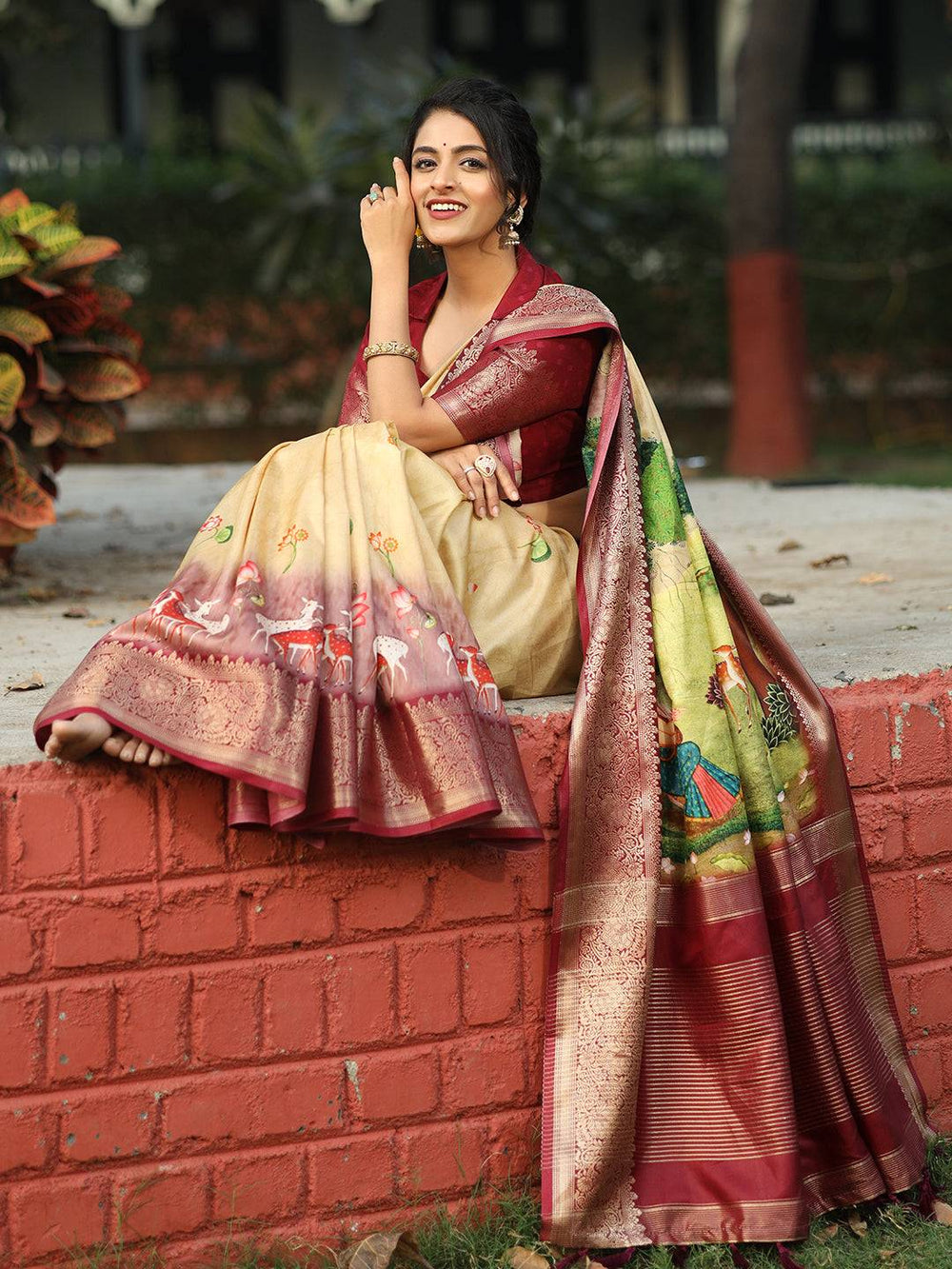 Maroon & Beige Kanjivaram Silk Saree with Artistic Pallu