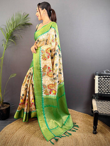 Cream Soft Silk Saree with Multicolor Floral Print & Contrast Green Zari Pallu