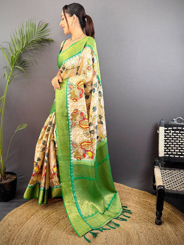 Cream Soft Silk Saree with Multicolor Floral Print & Contrast Green Zari Pallu