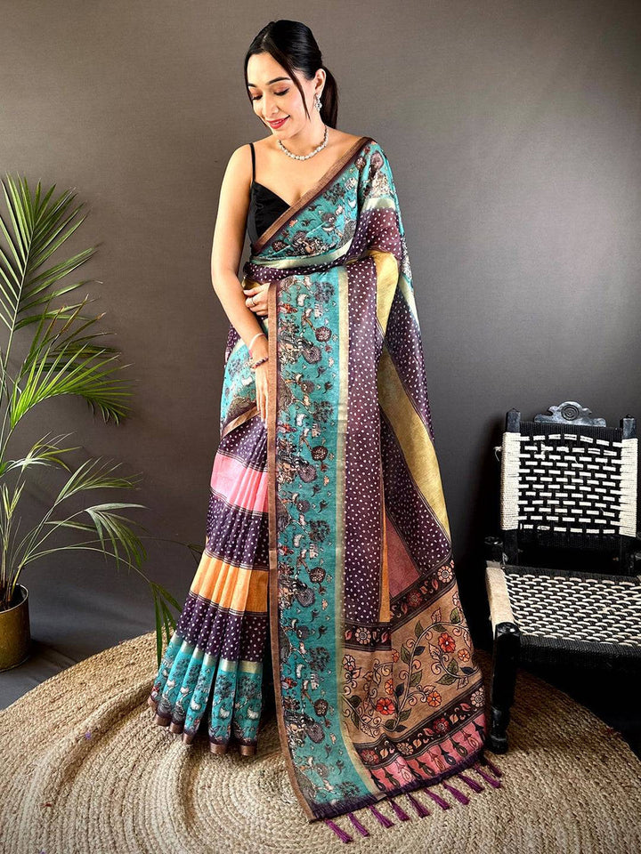Multicolor Soft Silk Saree with Artistic Print, Polka Design & Contrast Pallu
