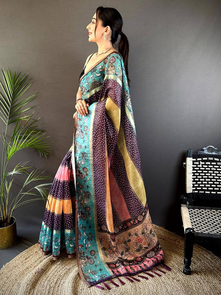Multicolor Soft Silk Saree with Artistic Print, Polka Design & Contrast Pallu