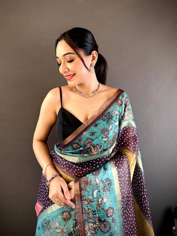 Multicolor Soft Silk Saree with Artistic Print, Polka Design & Contrast Pallu