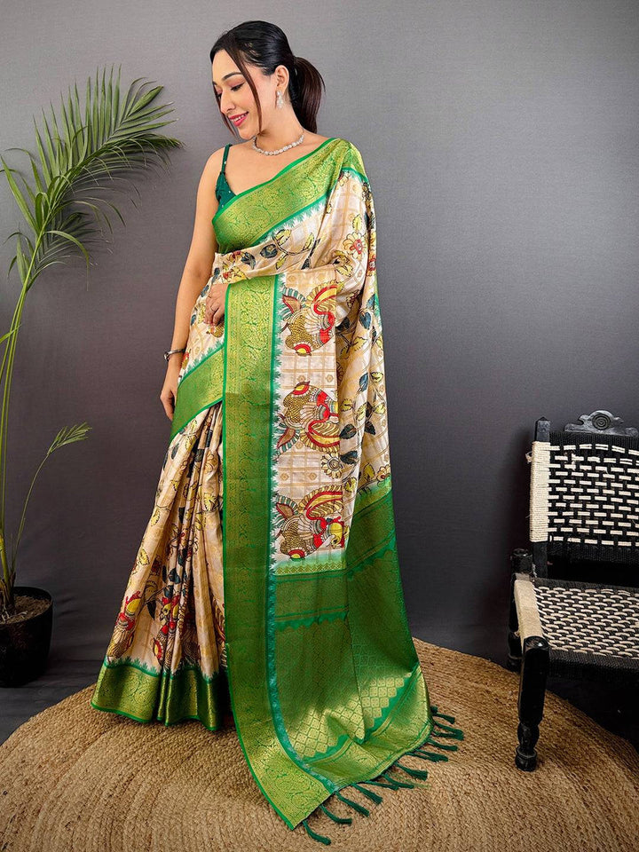 Cream Soft Silk Saree with Multicolor Floral Print & Contrast Green Zari Pallu