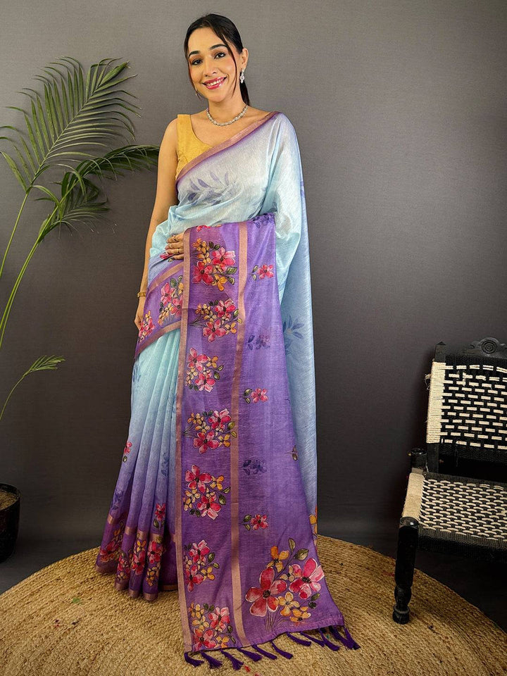 Sky Blue & Purple Linen Silk Saree with Handpainted Floral Print