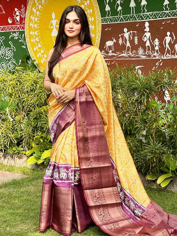 Yellow Patola Print Silk Saree with Maroon Zari Border & Traditional Motif Pallu