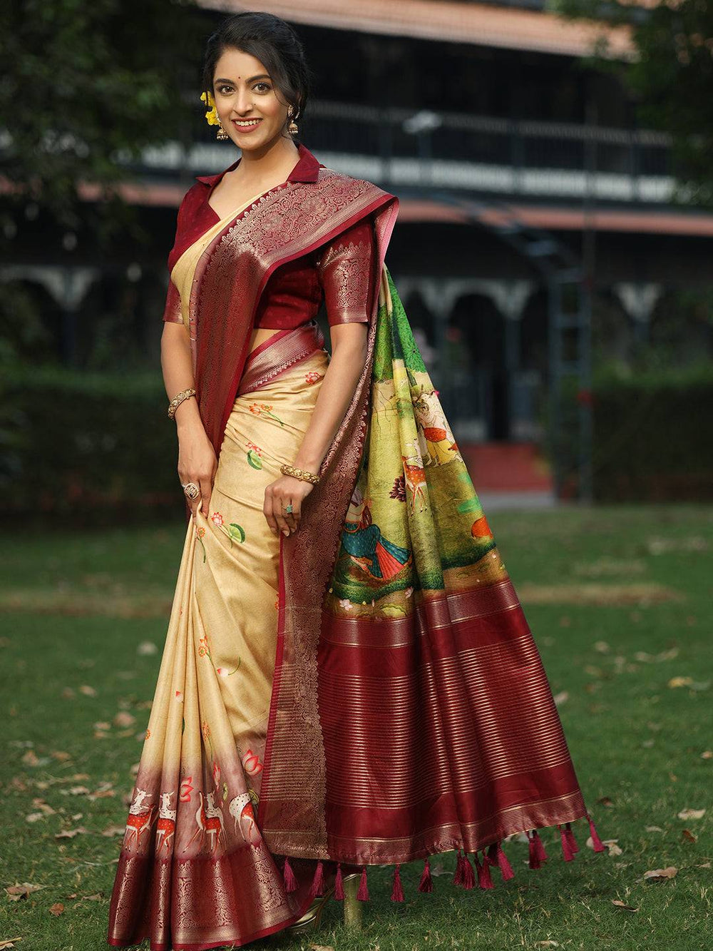 Maroon & Beige Kanjivaram Silk Saree with Artistic Pallu