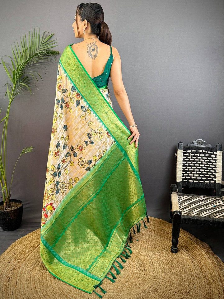 Cream Soft Silk Saree with Multicolor Floral Print & Contrast Green Zari Pallu