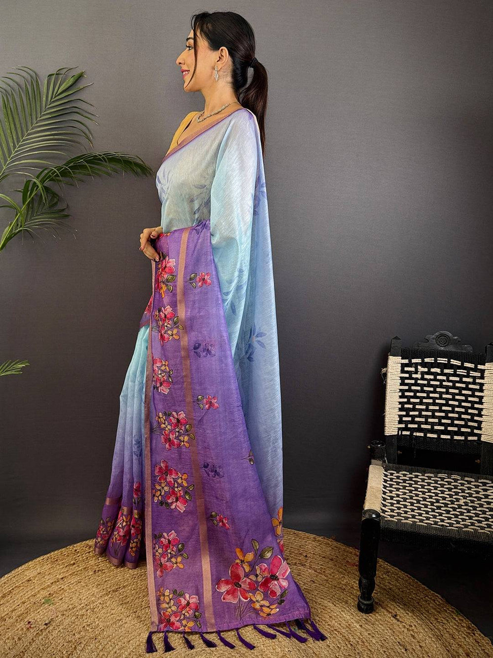 Sky Blue & Purple Linen Silk Saree with Handpainted Floral Print
