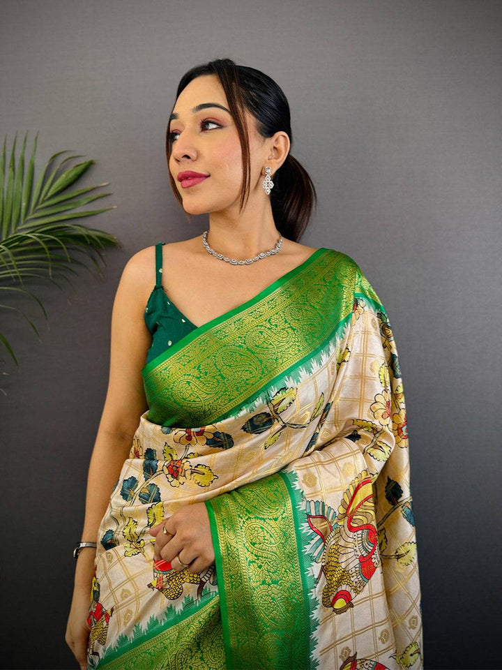 Cream Soft Silk Saree with Multicolor Floral Print & Contrast Green Zari Pallu