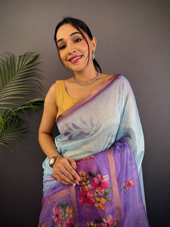 Sky Blue & Purple Linen Silk Saree with Handpainted Floral Print