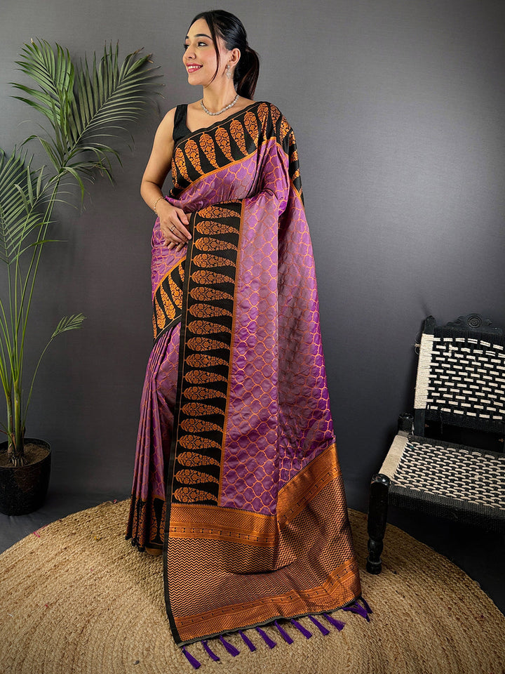 Purple & Black Banarasi Silk Saree with Gold Weaving Border