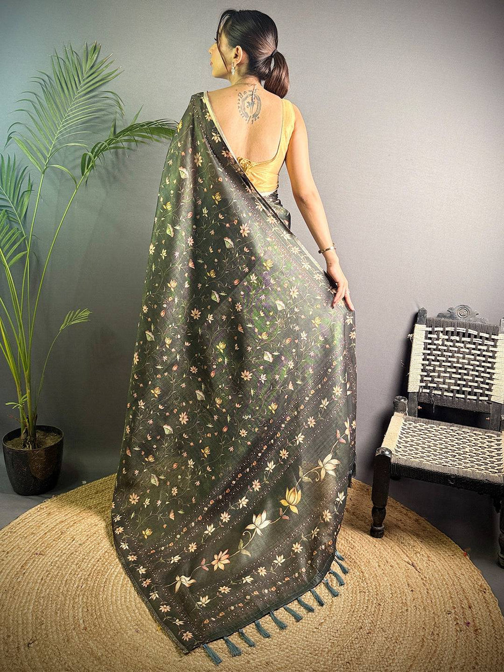 Black Soft Silk Saree with Pastel Floral Print & Designer Tassel Border