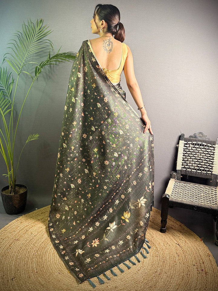 Black Soft Silk Saree with Pastel Floral Print & Designer Tassel Border