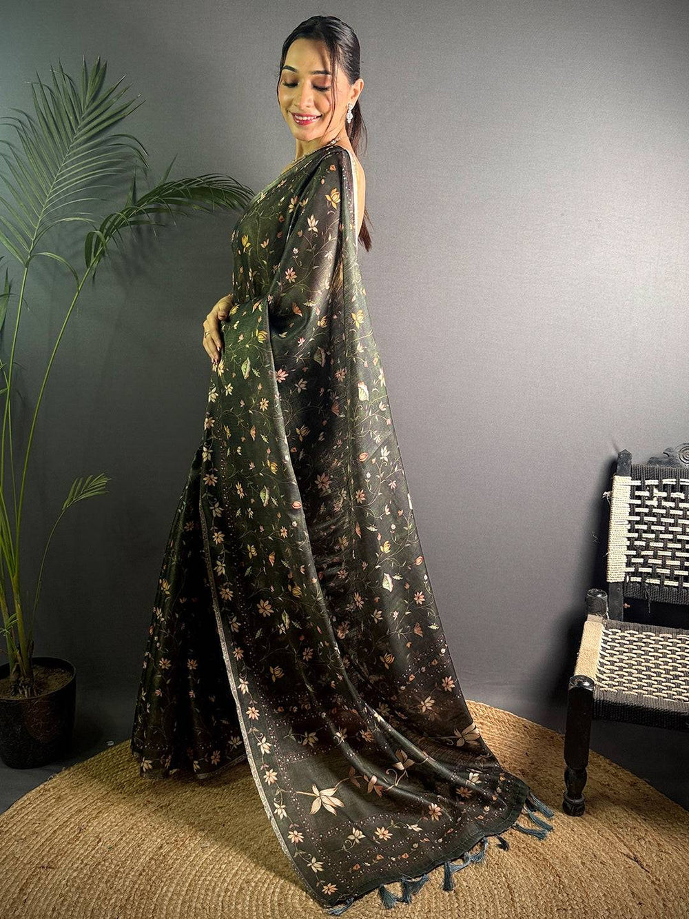 Black Soft Silk Saree with Pastel Floral Print & Designer Tassel Border