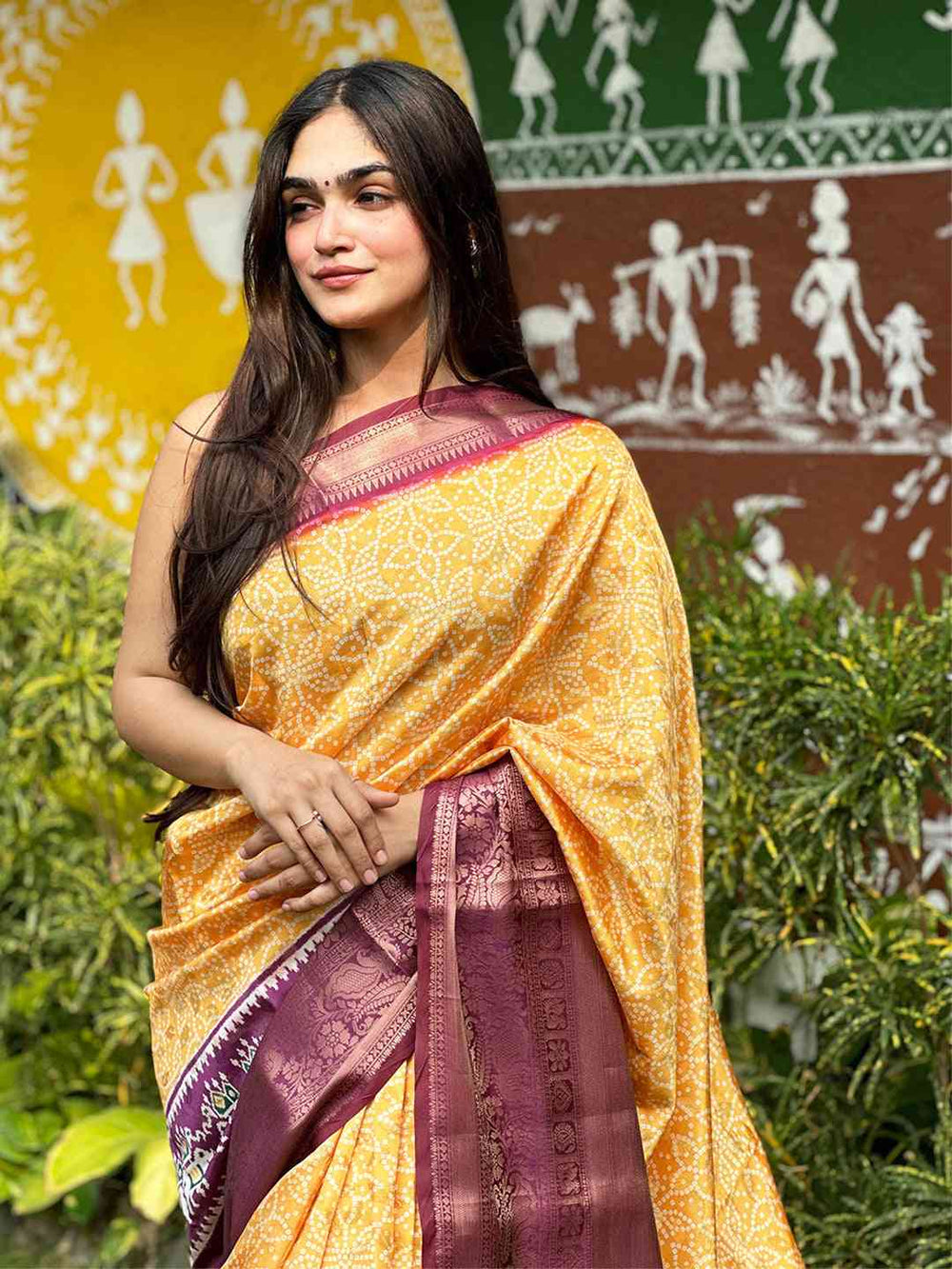 Yellow Patola Print Silk Saree with Maroon Zari Border & Traditional Motif Pallu