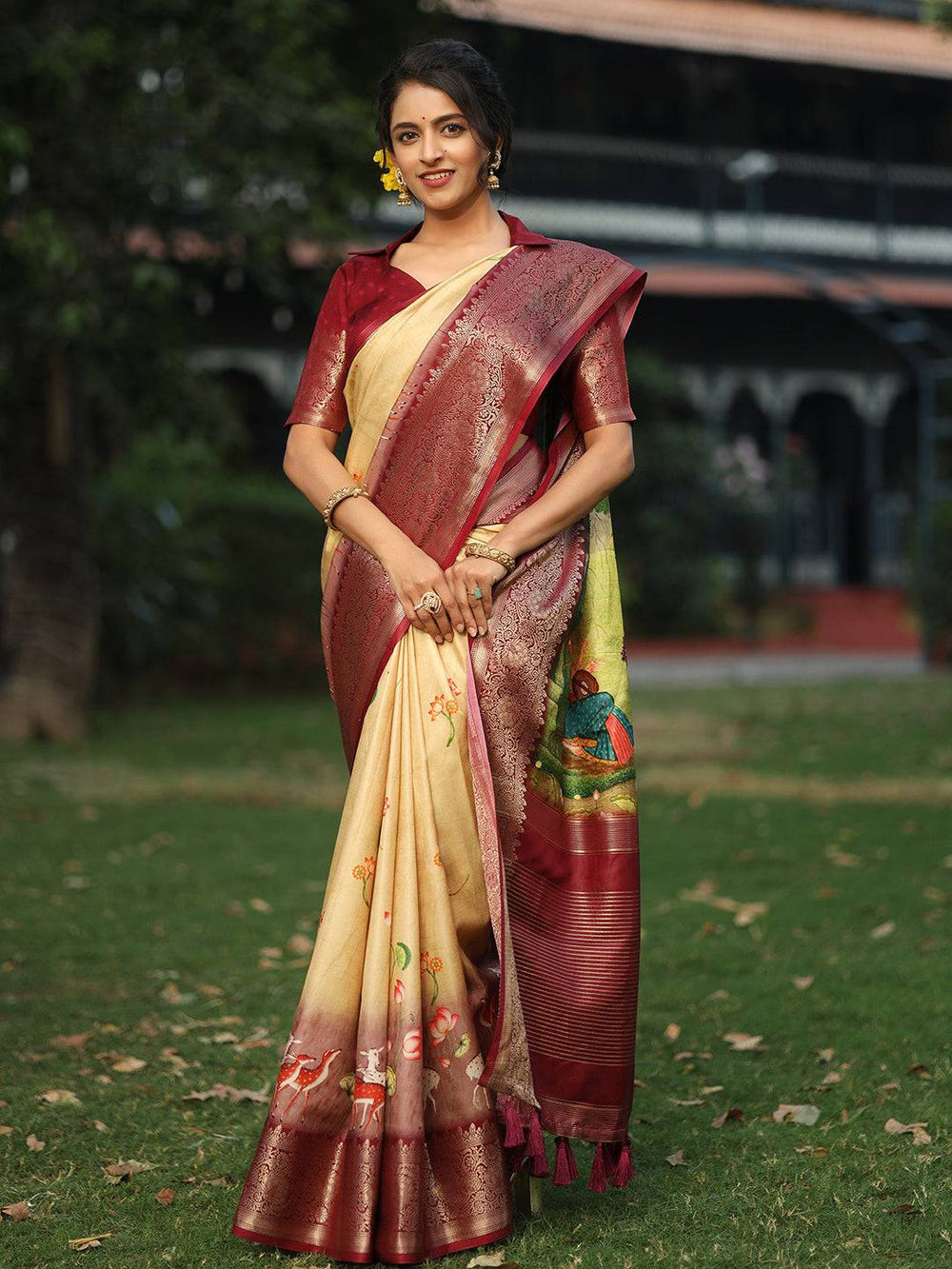 Maroon & Beige Kanjivaram Silk Saree with Artistic Pallu