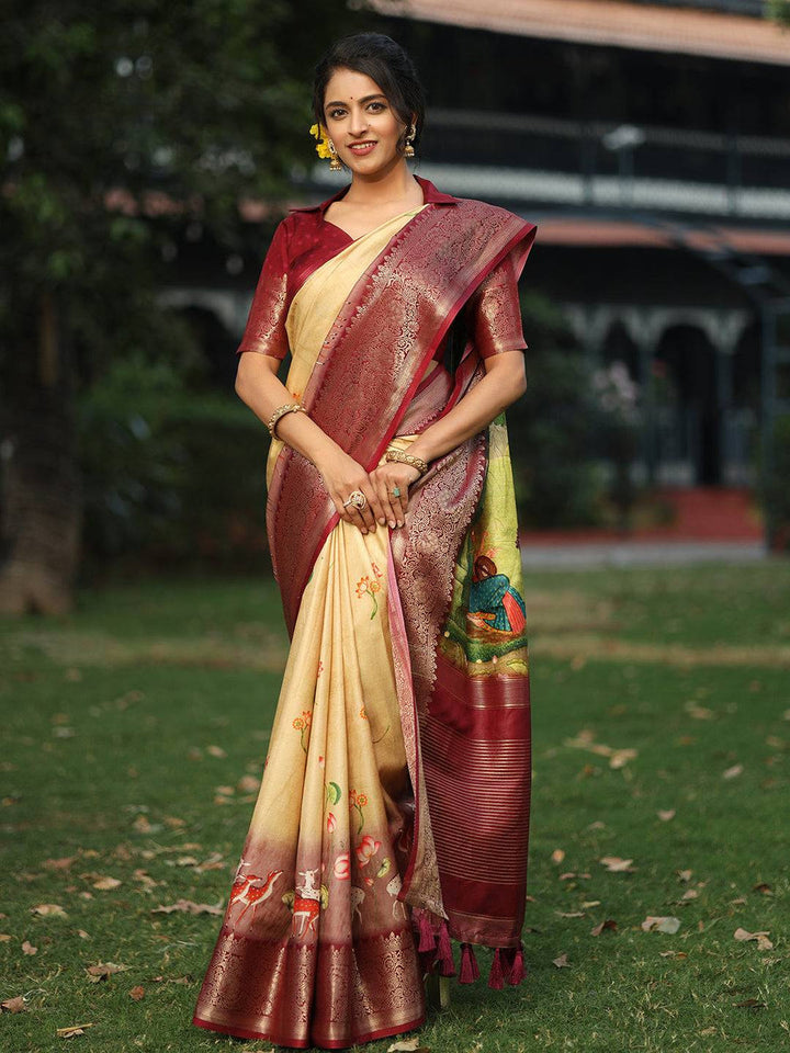 Maroon & Beige Kanjivaram Silk Saree with Artistic Pallu