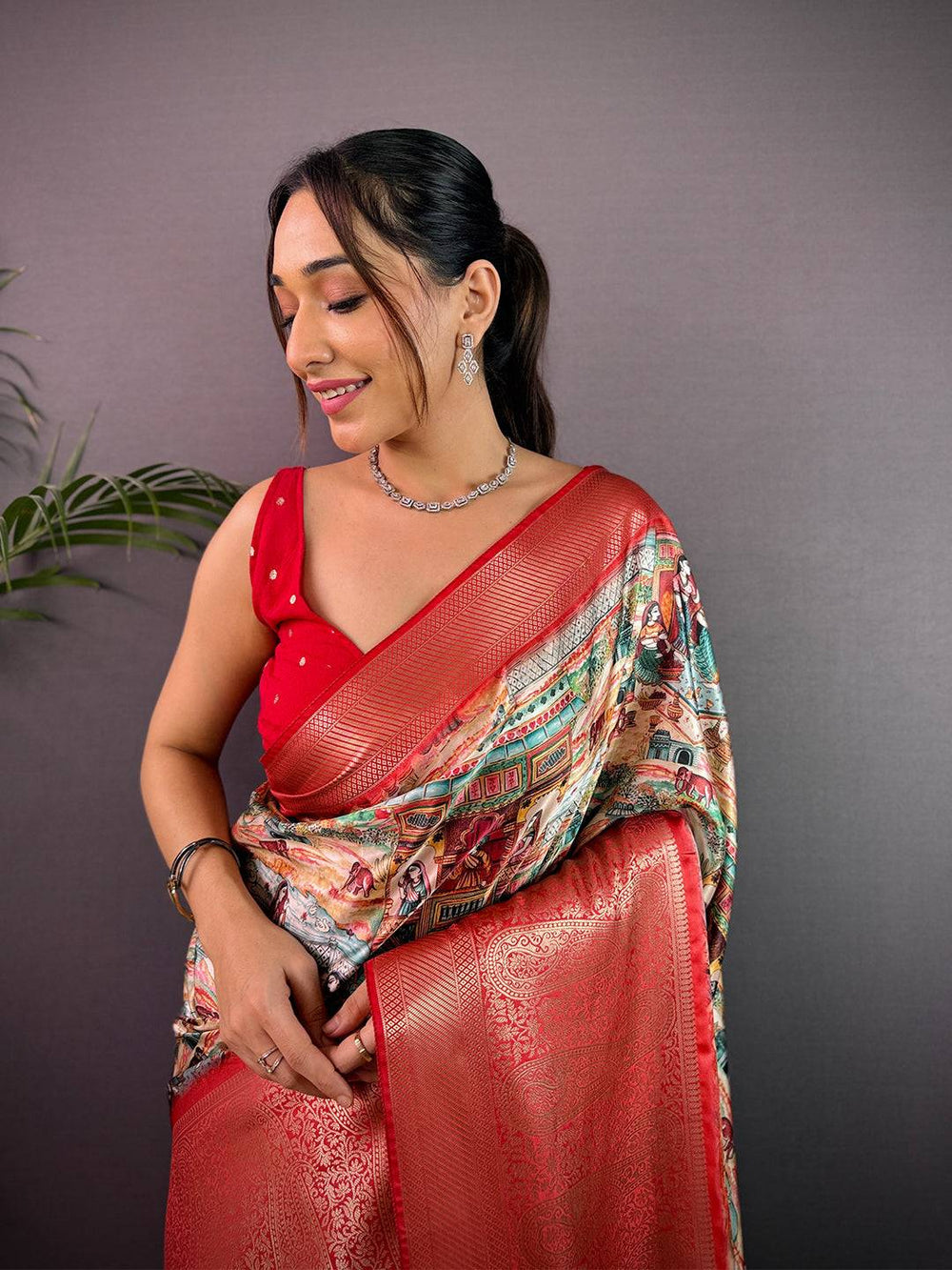 Coral Red Soft Silk Saree with Rich Zari Weaving & Artistic Digital Print Pallu
