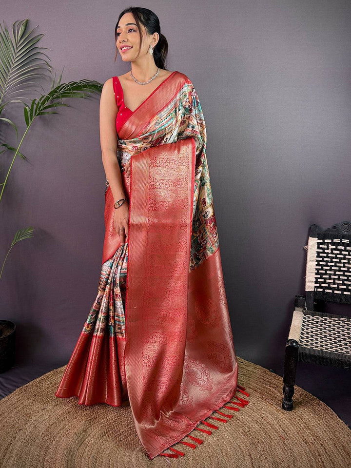 Coral Red Soft Silk Saree with Rich Zari Weaving & Artistic Digital Print Pallu