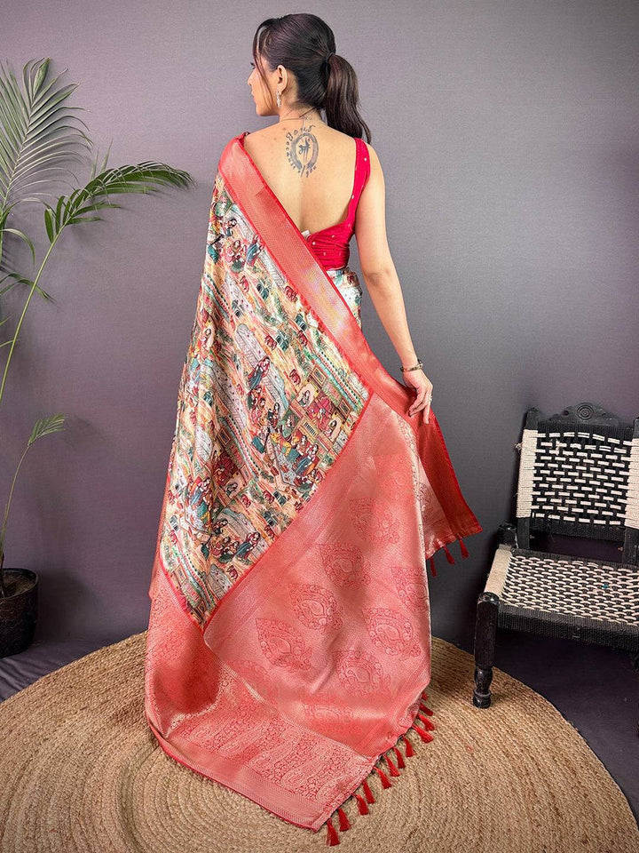 Coral Red Soft Silk Saree with Rich Zari Weaving & Artistic Digital Print Pallu