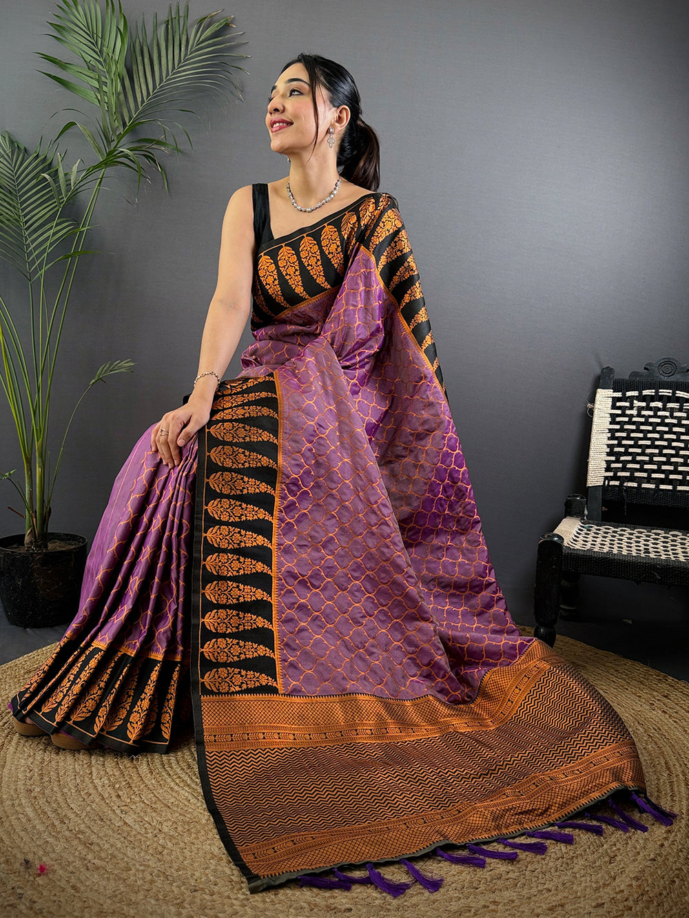 Purple & Black Banarasi Silk Saree with Gold Weaving Border