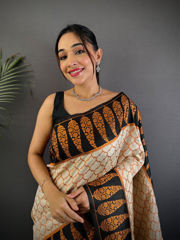 Cream & Black Soft Silk Saree with Orange Floral Weaving and Geometric Print